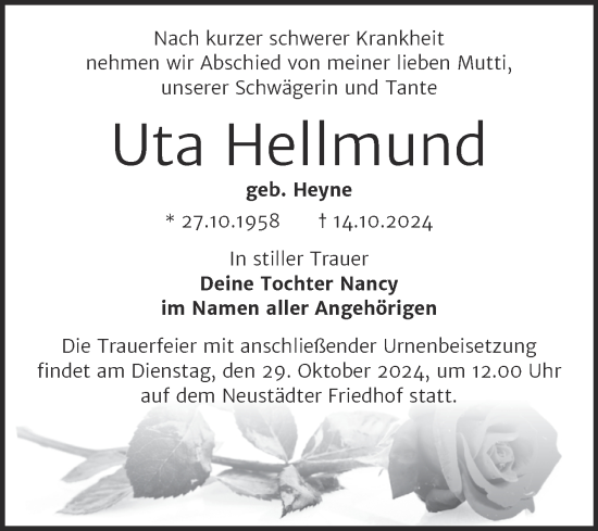 Traueranzeige von Uta Hellmund von Mitteldeutsche Zeitung Halle/Saalkreis