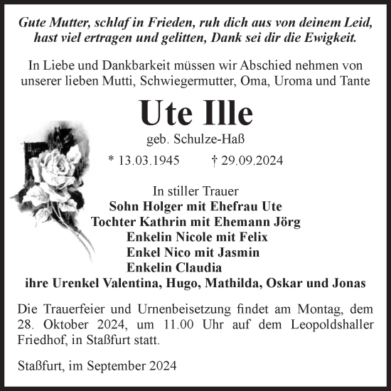 Traueranzeige von Ute Ille von Volksstimme Staßfurt