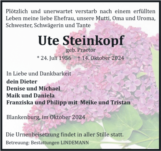 Traueranzeige von Ute Steinkopf von Volksstimme Wernigerode
