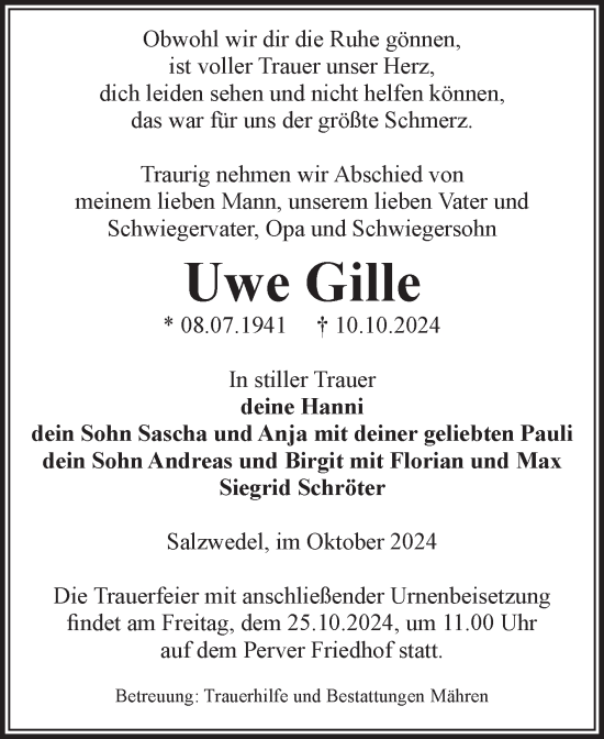 Traueranzeige von Uwe Gille von Volksstimme Altmark West