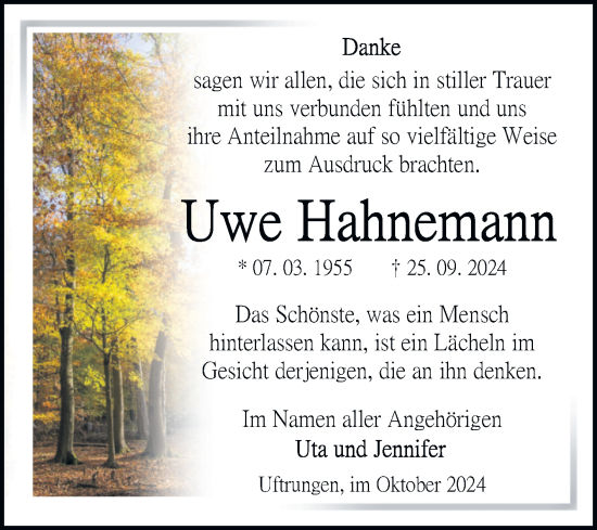 Traueranzeige von Uwe Hahnemann von Trauerkombi Sangerhausen
