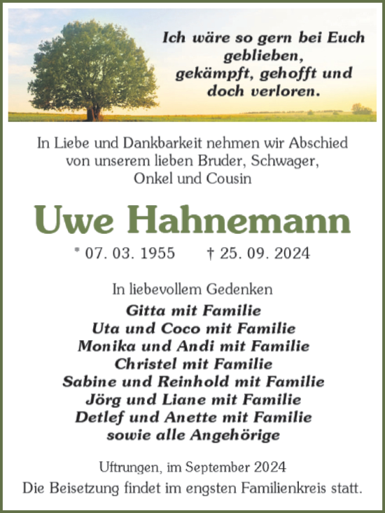 Traueranzeige von Uwe Hahnemann von Trauerkombi Sangerhausen
