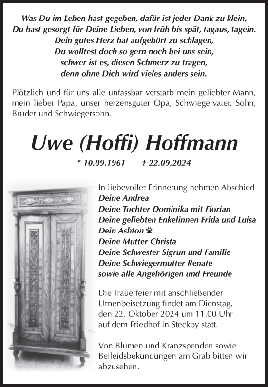 Traueranzeige von Uwe Hoffmann von Volksstimme Zerbst