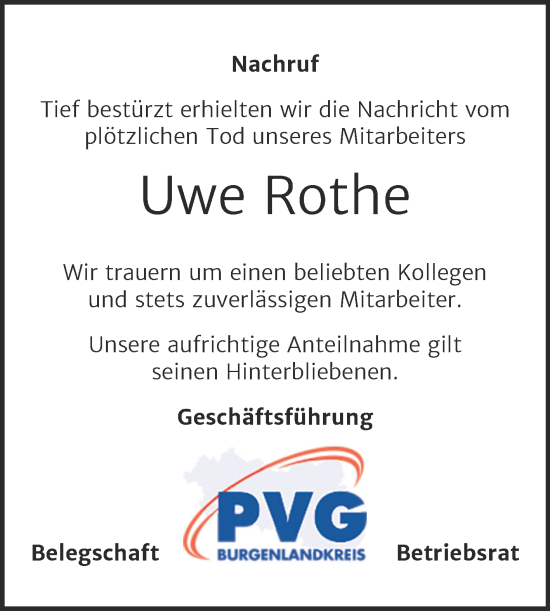 Traueranzeige von Uwe Rothe von Super Sonntag Weißenfels