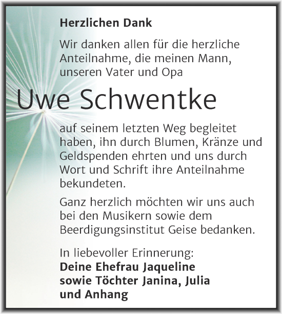 Traueranzeige von Uwe Schwentke von Trauerkombi Köthen