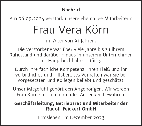 Traueranzeige von Vera Körn von Super Sonntag Quedlingburg