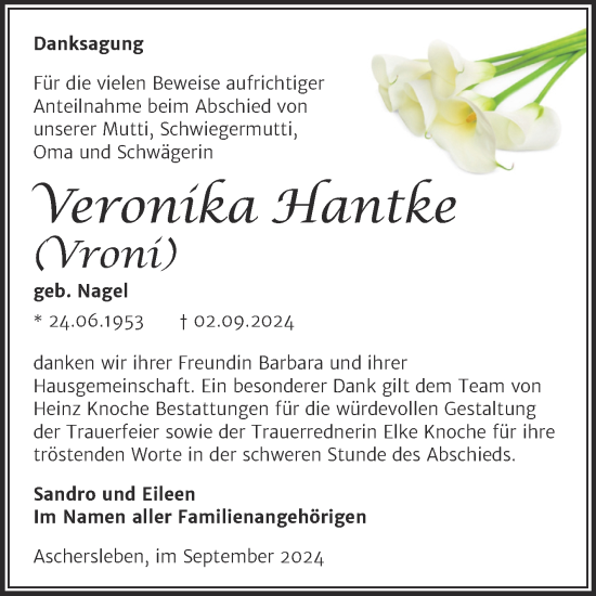 Traueranzeige von Veronika Hantke von Trauerkombi Aschersleben