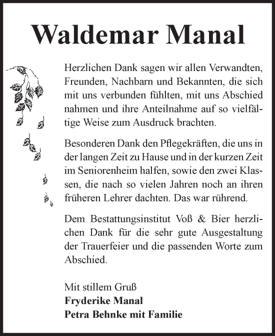 Traueranzeige von Waldemar Manal von Volksstimme Wernigerode