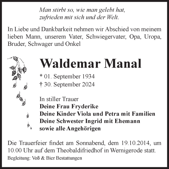Traueranzeige von Waldemar Manal von Volksstimme Wernigerode