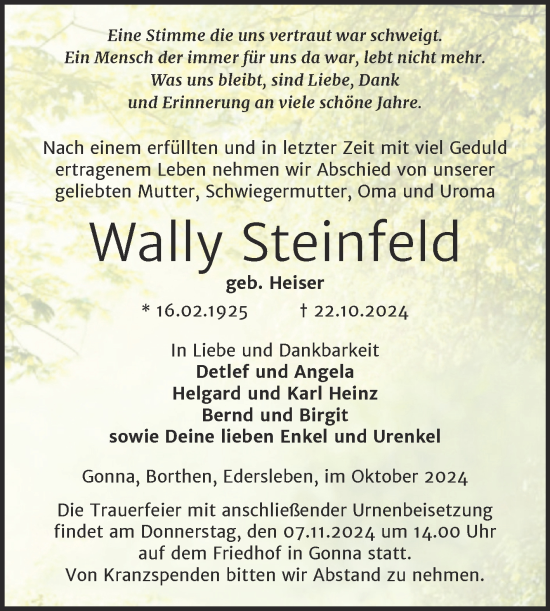 Traueranzeige von Wally Steinfeld von Trauerkombi Sangerhausen