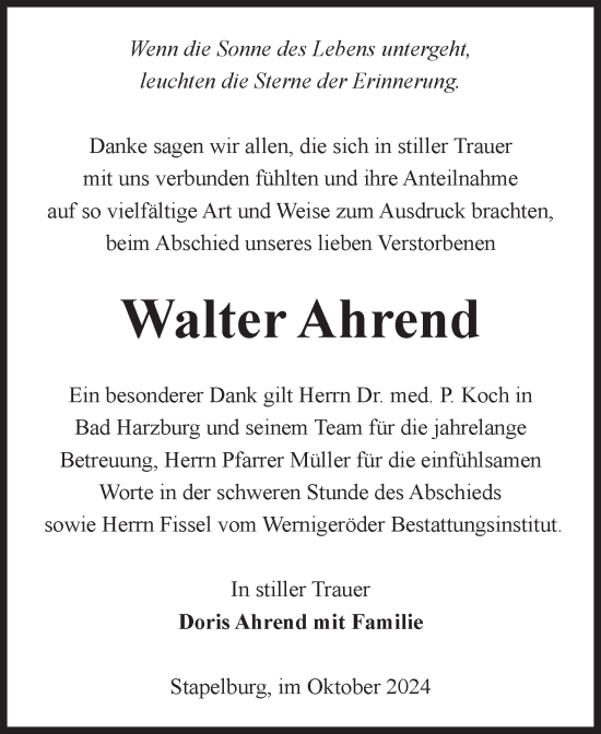 Traueranzeige von Walter Ahrend von Volksstimme Wernigerode