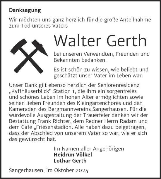 Traueranzeige von Walter Gerth von Trauerkombi Sangerhausen