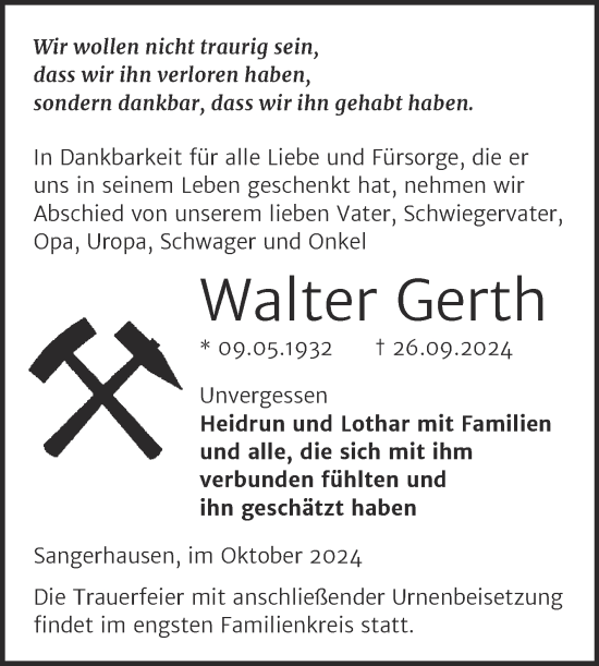 Traueranzeige von Walter Gerth von Trauerkombi Sangerhausen