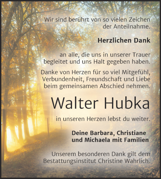 Traueranzeige von Walter Hubka von Mitteldeutsche Zeitung Mansfelder Land