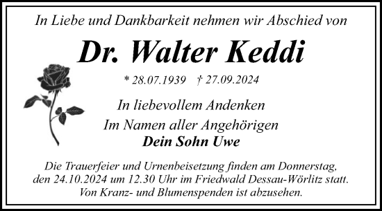 Traueranzeige von Walter Keddi von Trauerkombi Bitterfeld