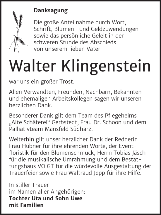 Traueranzeige von Walter Klingenstein von Trauerkombi Mansfelder Land
