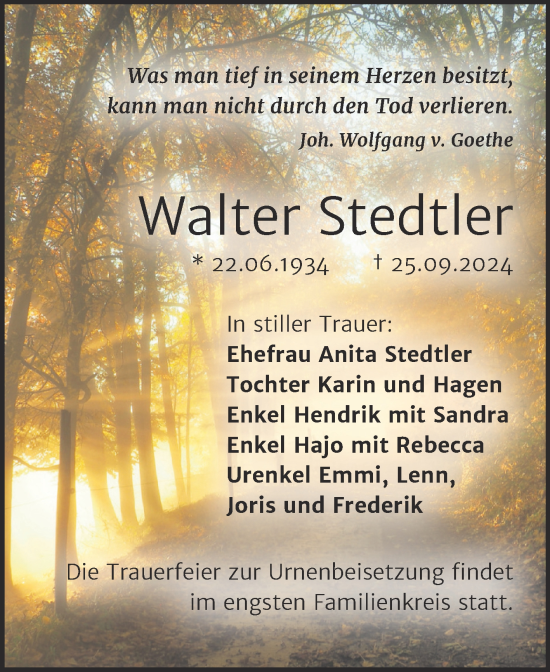 Traueranzeige von Walter Stedtler von Trauerkombi Mansfelder Land