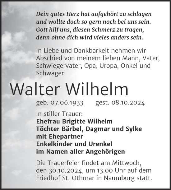 Traueranzeige von Walter Wilhelm von Naumburger Tageblatt