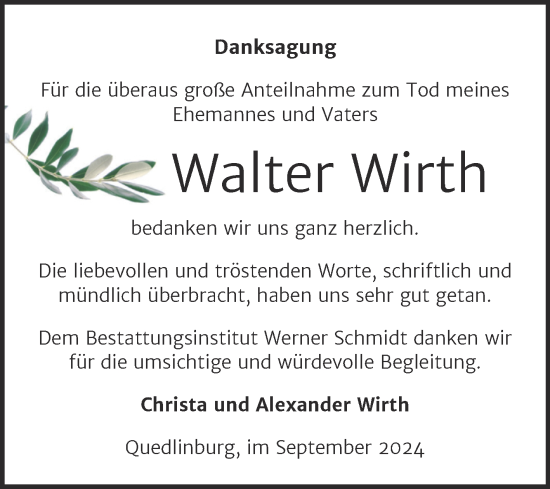 Traueranzeige von Walter Wirth von Trauerkombi Quedlinburg