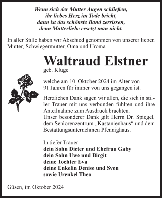 Traueranzeige von Waltraud Elstner von Volksstimme Burg/Genthin