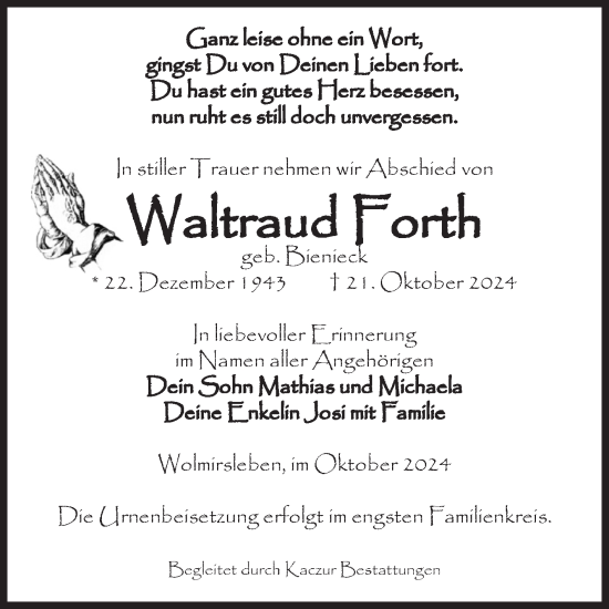 Traueranzeige von Waltraud Forth von Volksstimme Staßfurt