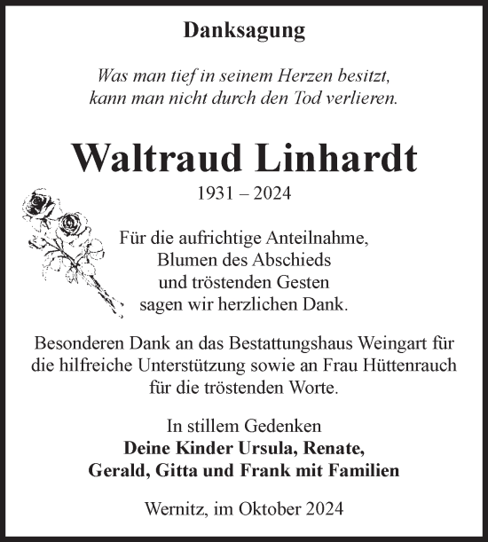Traueranzeige von Waltraud Linhardt von Volksstimme Altmark West