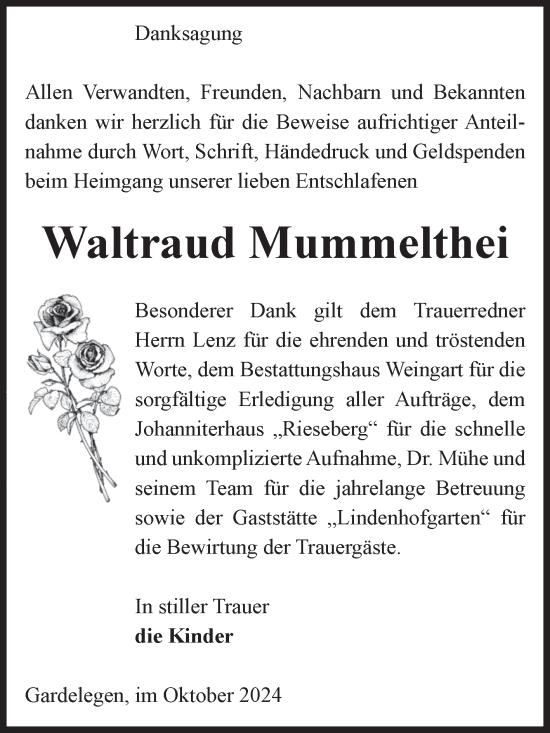 Traueranzeige von Waltraud Mummelthei von Volksstimme Altmark West