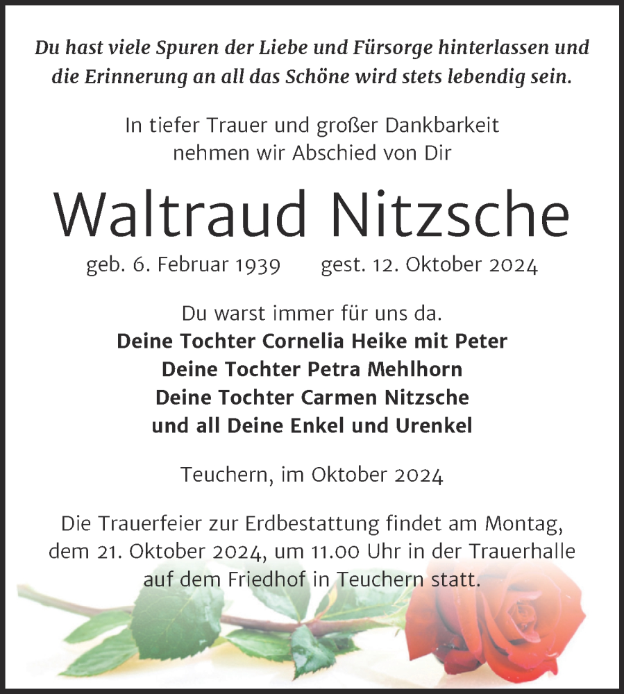  Traueranzeige für Waltraud Nitzsche vom 19.10.2024 aus Trauerkombi Weißenfels