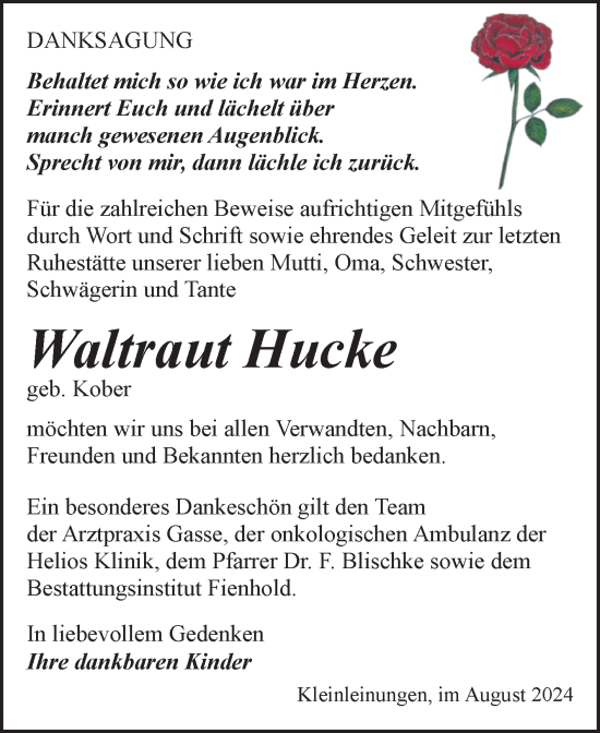 Traueranzeige von Waltraut Hucke von Trauerkombi Sangerhausen
