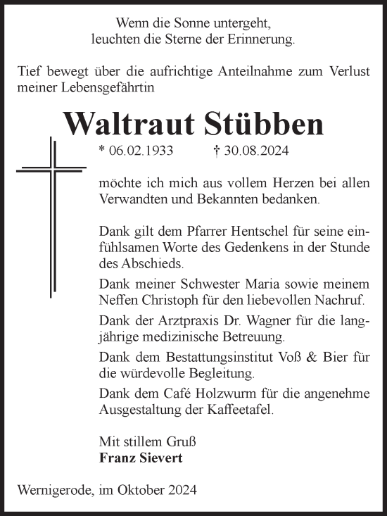 Traueranzeige von Waltraut Stübben von Volksstimme Wernigerode