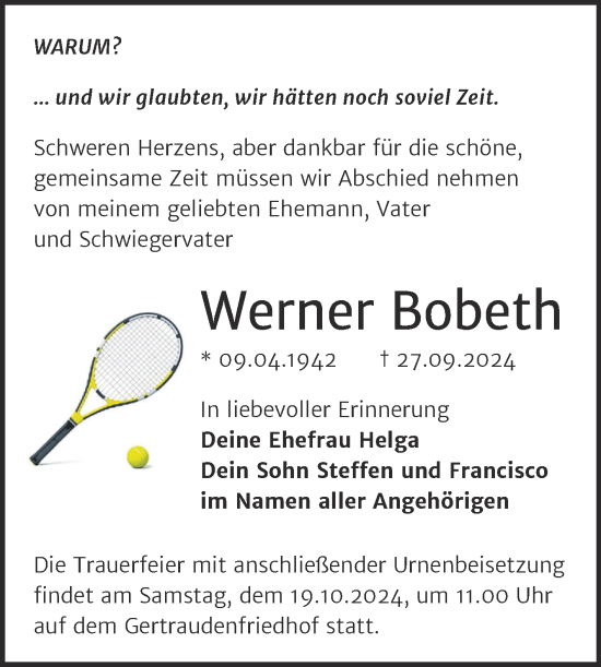 Traueranzeige von Werner Bobeth von Mitteldeutsche Zeitung Halle/Saalkreis