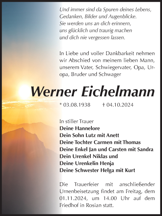 Traueranzeige von Werner Eichelmann von Volksstimme Zerbst