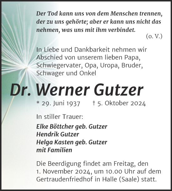Traueranzeige von Werner Gutzer von Mitteldeutsche Zeitung Halle/Saalkreis