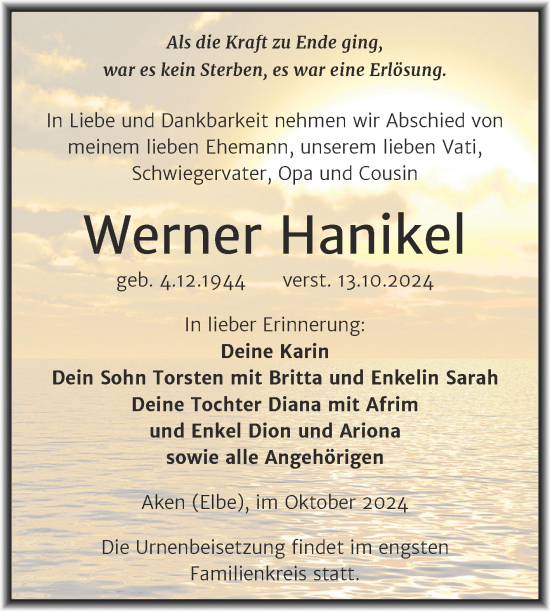 Traueranzeige von Werner Hanikel von Trauerkombi Köthen