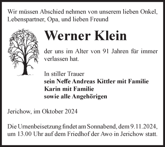 Traueranzeige von Werner Klein von Volksstimme Burg/Genthin