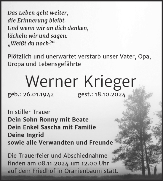 Traueranzeige von Werner Krieger von Trauerkombi Wittenberg