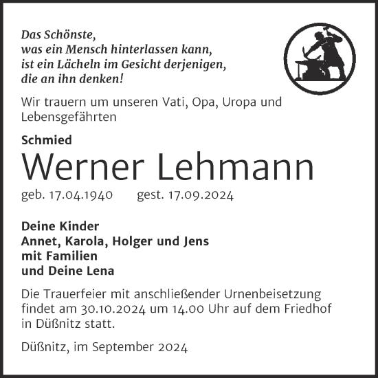 Traueranzeige von Werner Lehmann von Trauerkombi Wittenberg