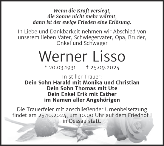 Traueranzeige von Werner Lisso von Trauerkombi Dessau