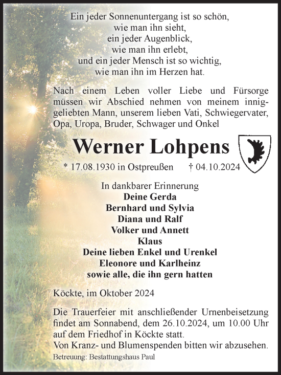 Traueranzeige von Werner Lohpens von Volksstimme Altmark West