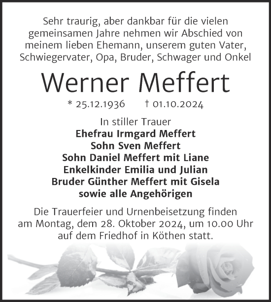 Traueranzeige von Werner Meffert von Trauerkombi Köthen