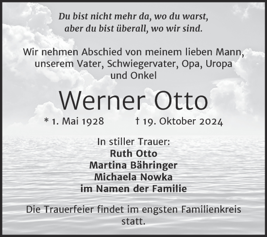 Traueranzeige von Werner Otto von Mitteldeutsche Zeitung Halle/Saalkreis