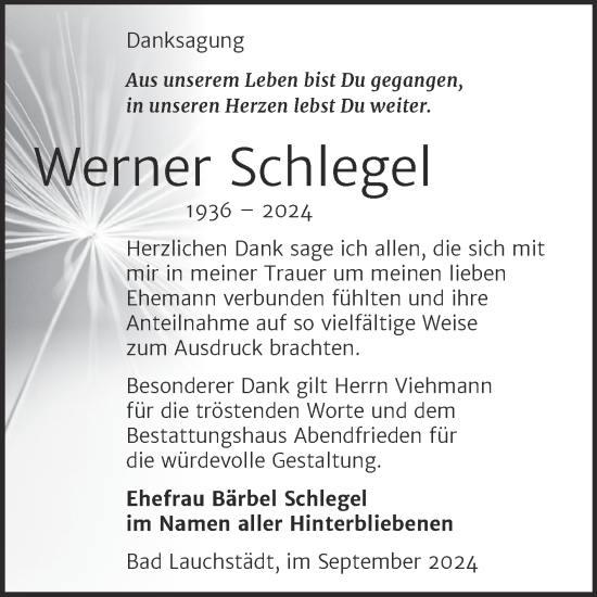 Traueranzeige von Werner Schlegel von Mitteldeutsche Zeitung Halle/Saalkreis