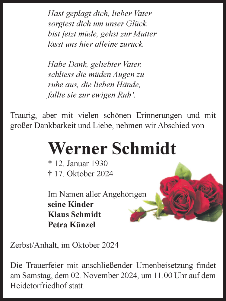  Traueranzeige für Werner Schmidt vom 26.10.2024 aus Volksstimme Zerbst