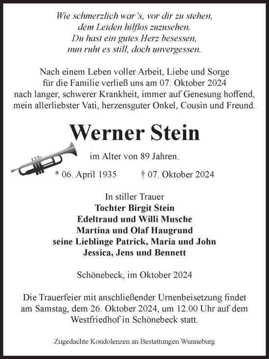 Traueranzeige von Werner Stein von Volksstimme Schönebeck