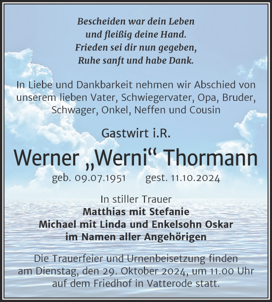 Traueranzeige von Werner Thormann von Trauerkombi Mansfelder Land