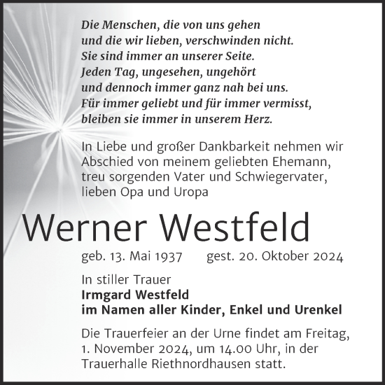 Traueranzeige von Werner Westfeld von Trauerkombi Sangerhausen