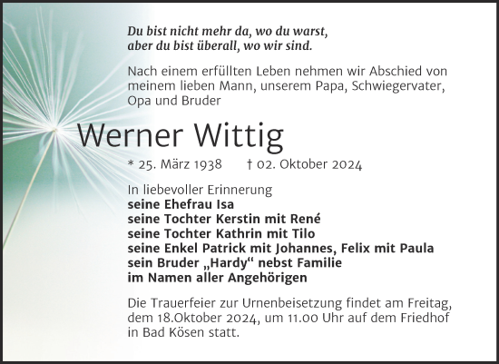 Traueranzeige von Werner Wittig von Super Sonntag Naumburg/Nebra