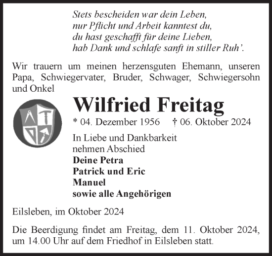 Traueranzeige von Wilfried Freitag von Volksstimme Oschersleben/Wanzleben