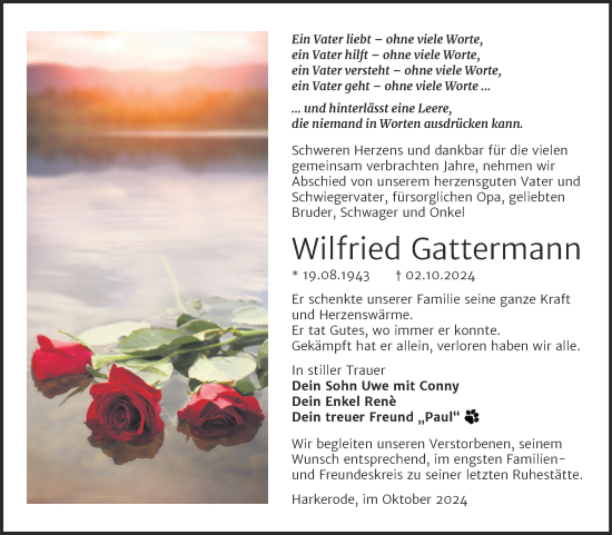 Traueranzeige von Wilfried Gattermann von Super Sonntag Mansfelder Land