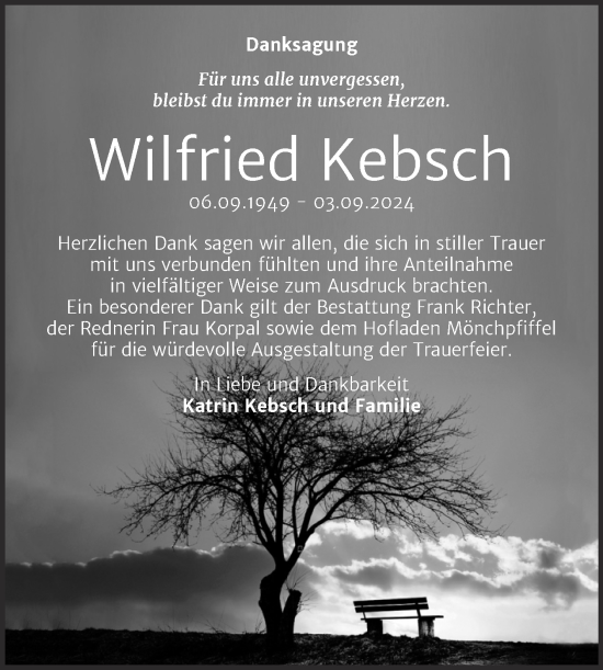Traueranzeige von Wilfried Kebsch von Trauerkombi Sangerhausen